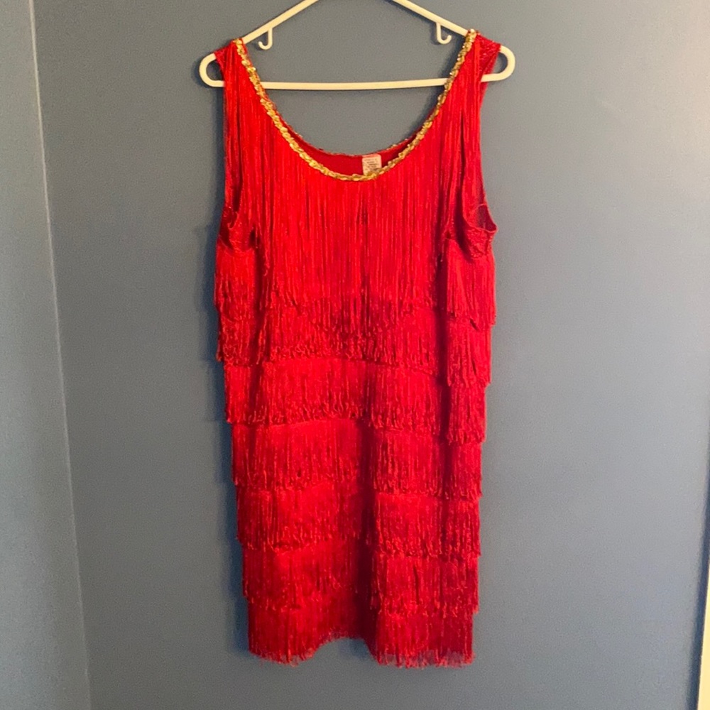 Red Fringe Flapper Dress with Gold Sequins